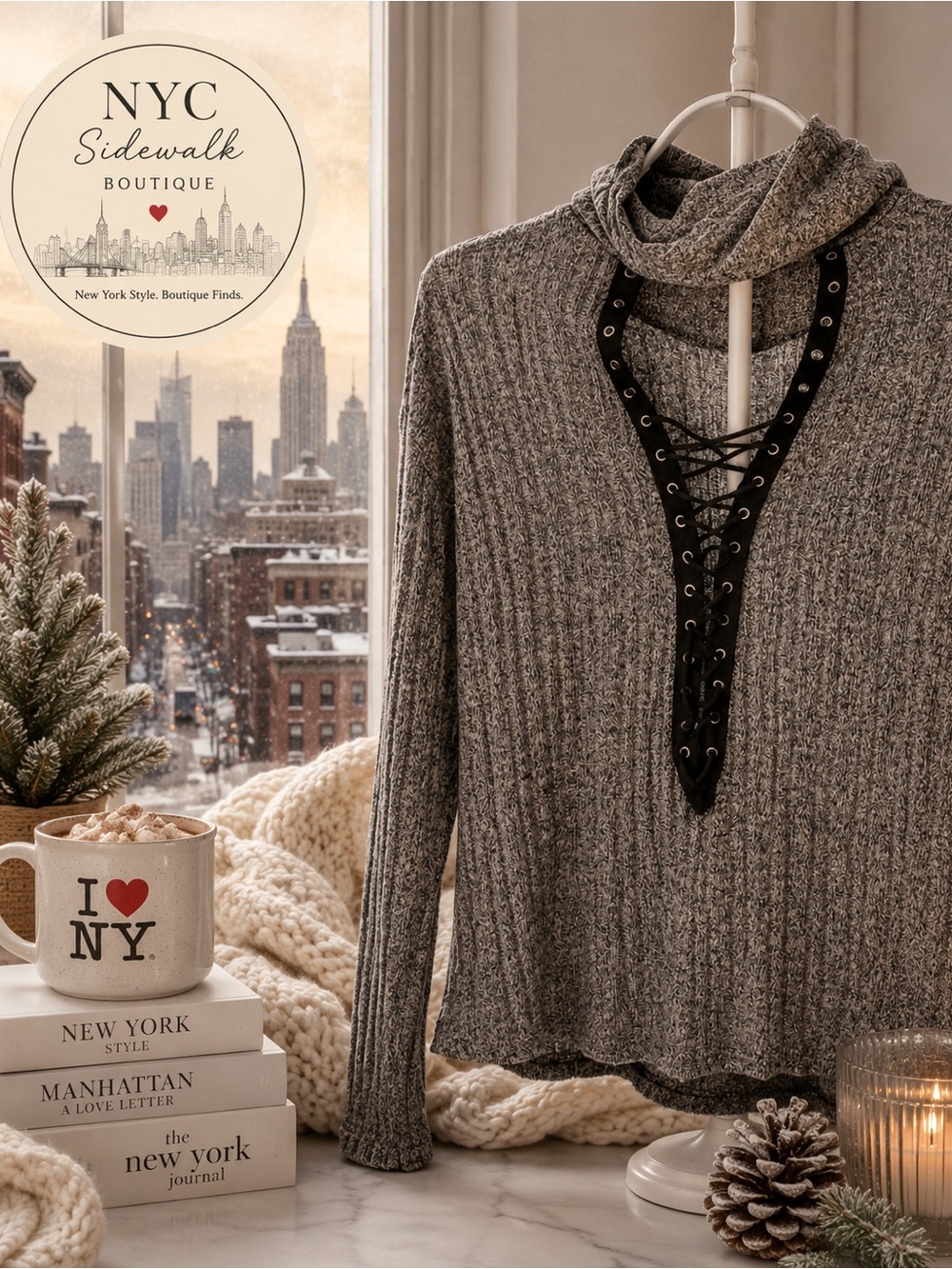 Ribbed Lace-Up Funnel Neck Sweater - Gray